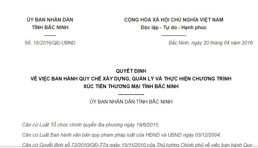Quyết Định 18/2016/QĐ-UBND về thực hiện chương trình xúc tiến thương mại tỉnh Bắc Ninh