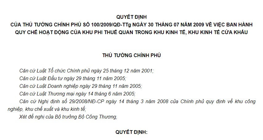 Quyết định 100/2009/QĐ-TTg của Thủ tướng Chính phủ về việc ban hành Quy chế hoạt động của khu phi thuế quan trong khu kinh tế, khu kinh tế cửa khẩu