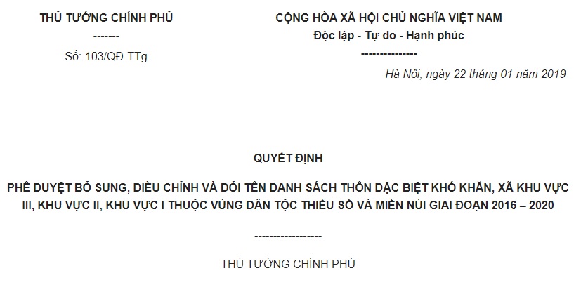 Quyết Định 103/QĐ-TTg 2019 Danh sách thôn đặc biệt khó khăn vùng dân tộc thiểu số