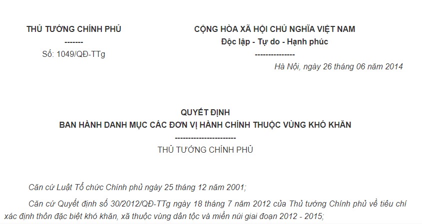 Quyết định 1049/QĐ-TTg của Thủ tướng Chính phủ về việc ban hành Danh mục các đơn vị hành chính thuộc vùng khó khăn