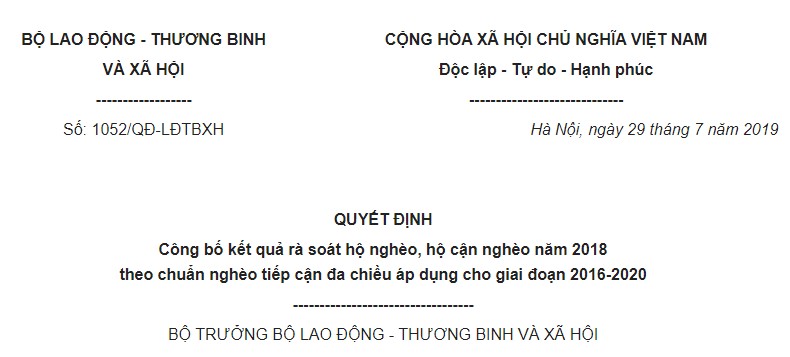 Quyết định 1052/QĐ-LĐTBXH 2019 công bố kết quả rà soát hộ nghèo năm 2018