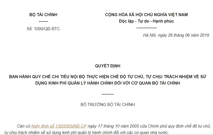 Quyết Định 1099/QĐ-BTC 2019 Quy chế chi tiêu nội bộ của Bộ Tài chính