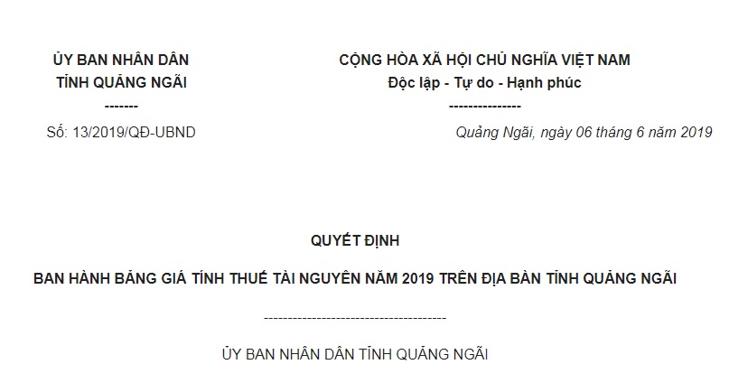 Quyết Định 13/2019/QĐ-UBND Quảng Ngãi bảng giá tính thuế tài nguyên