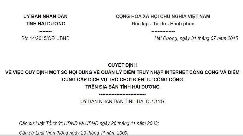 Quyết định 14/2015/QĐ-UBND của Ủy ban nhân dân tỉnh Hải Dương về việc quy định một số nội dung về quản lý điểm truy nhập internet công cộng và điểm cung cấp dịch vụ trò chơi điện tử công cộng trên địa bàn tỉnh Hải Dương