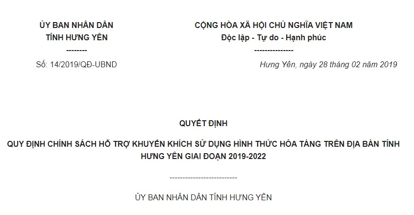 Quyết Định 14/2019/QĐ-UBND Hưng Yên về chính sách khuyến khích hình thức hỏa táng