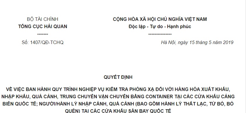 Quyết Định 1407/QĐ-TCHQ 2019 quy trình nghiệp vụ kiểm tra phóng xạ đối với hàng hóa