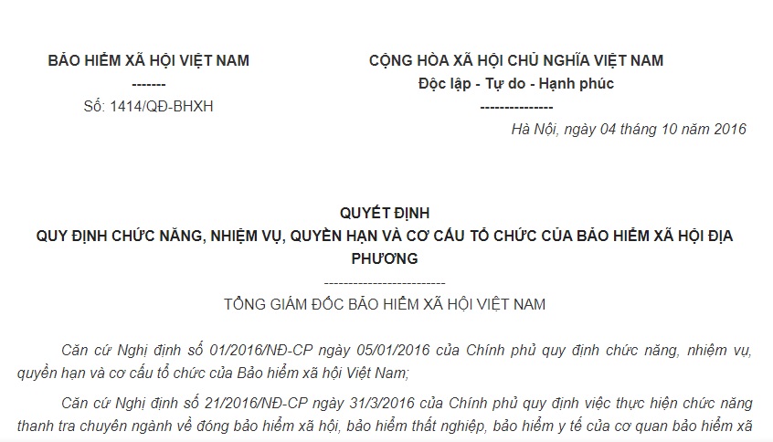 Quyết Định 1414/QĐ-BHXH 2016 về quyền hạn và cơ cấu tổ chức của Bảo hiểm xã hội Việt Nam