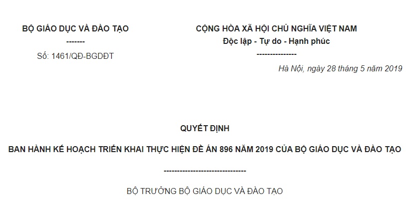 Quyết Định 1461/QĐ-BGDĐT 2019 thực hiện Đề án 896 về đơn giản hóa thủ tục hành chính