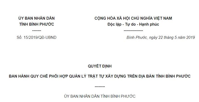 Quyết Định 15/2019/QĐ-UBND Bình Phước Quy chế phối hợp quản lý trật tự xây dựng