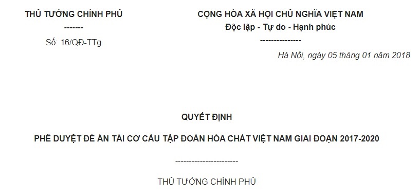 Quyết Định 16/QĐ-TTg năm 2018 về Đề án tái cơ cấu Tập đoàn Hóa chất Việt Nam giai đoạn 2017-2020