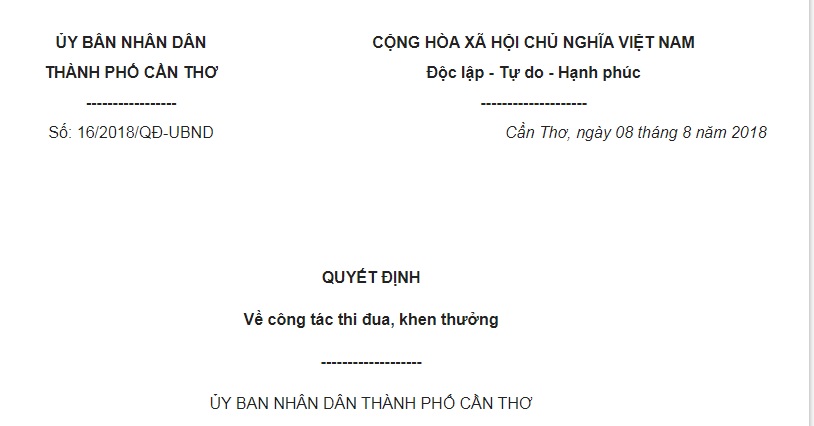 Quyết Định 16/2018/QĐ-UBND Cần Thơ về công tác thi đua, khen thưởng