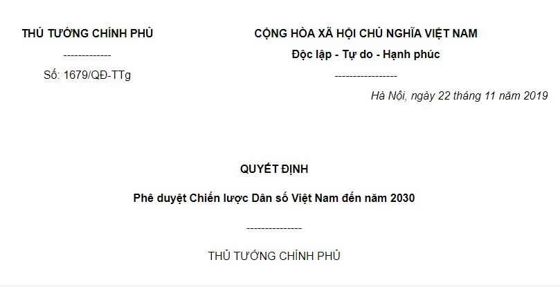 Quyết định 1679/QĐ-TTg 2019 phê duyệt Chiến lược Dân số Việt Nam đến năm 2030