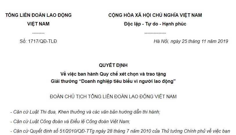 Quyết Định 1717/QĐ-TLĐ 2019 Quy chế Giải thưởng Doanh nghiệp tiêu biểu vì người lao động