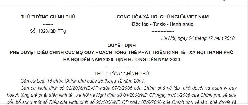 Quyết định 1823/QĐ-TTg 2018 điều chỉnh cục bộ Quy hoạch phát triển kinh tế – xã hội Hà Nội