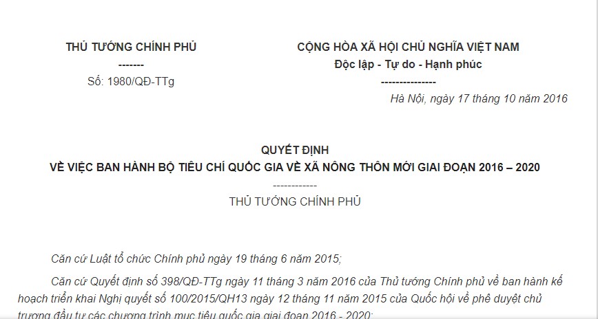 Quyết định 1980/QĐ-TTg 2016 về Bộ tiêu chí quốc gia về xã nông thôn mới 2016-2020