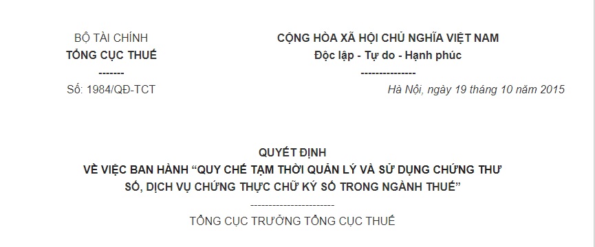 Quyết Định 1984/QĐ-TCT về việc ban hành Quy chế tạm thời quản lý và sử dụng chứng thư số, dịch vụ chứng thực chữ ký số trong ngành Thuế