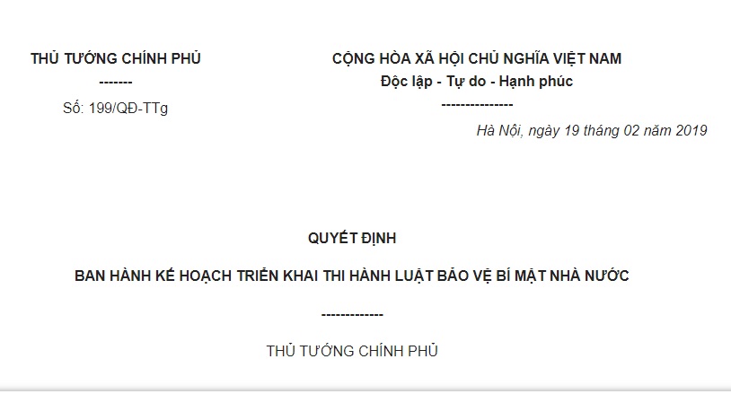 Quyết Định 199/QĐ-TTg 2019 Kế hoạch thi hành Luật Bảo vệ bí mật Nhà nước