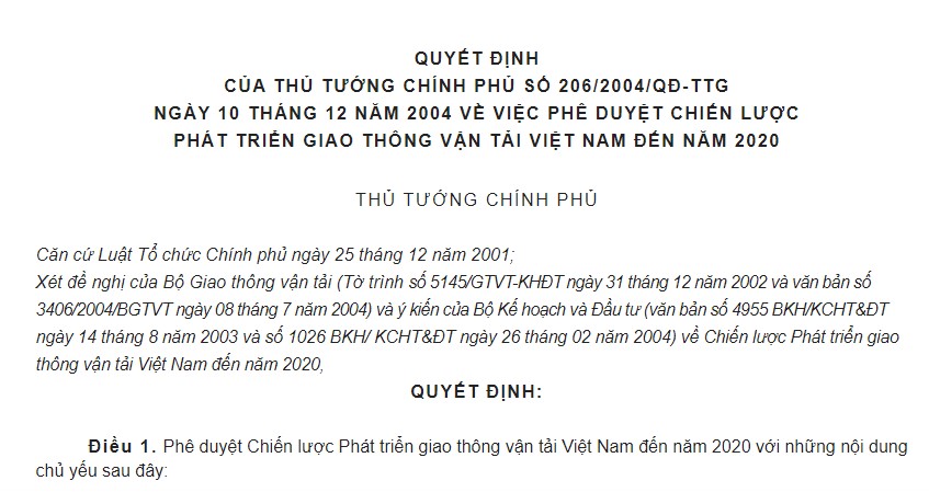 Quyết Định 206/2004/qđ-Ttg Của Thủ Tướng Chính Phủ Về Việc Phê Duyệt Chiến Lược Phát Triển Giao Thông Vận Tải Việt Nam Đến Năm 2020
