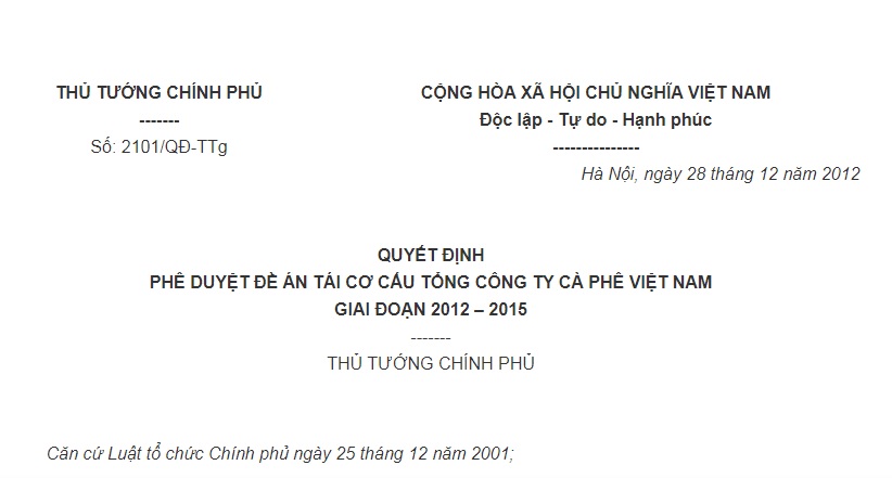 Quyết Định 2101/QĐ-TTg của Thủ tướng Chính phủ về việc phê duyệt Đề án tái cơ cấu Tổng công ty Cà phê Việt Nam giai đoạn 2012 – 2015