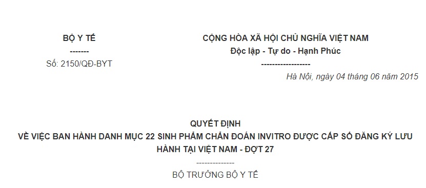 Quyết định 2150/QĐ-BYT của Bộ Y tế về việc ban hành Danh mục 22 sinh phẩm chẩn đoán Invitro được cấp số đăng ký lưu hành tại Việt Nam – Đợt 27