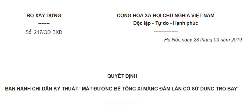 Quyết Định 217/QĐ-BXD 2019 Chỉ dẫn kỹ thuật Mặt đường bê tông xi măng đầm lăn