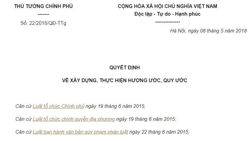 Quyết Định 22/2018/QĐ-TTg về xây dựng, thực hiện hương ước, quy ước