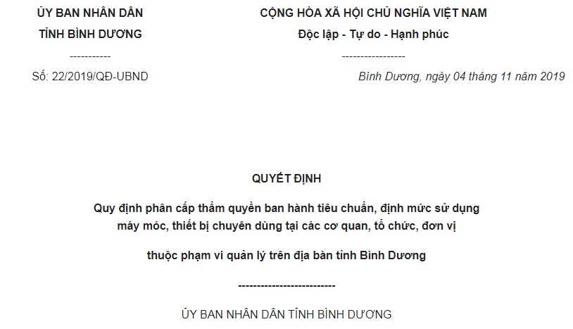 Quyết Định 22/2019/QĐ-UBND Bình Dương thẩm quyền ban hành tiêu chuẩn sử dụng máy móc