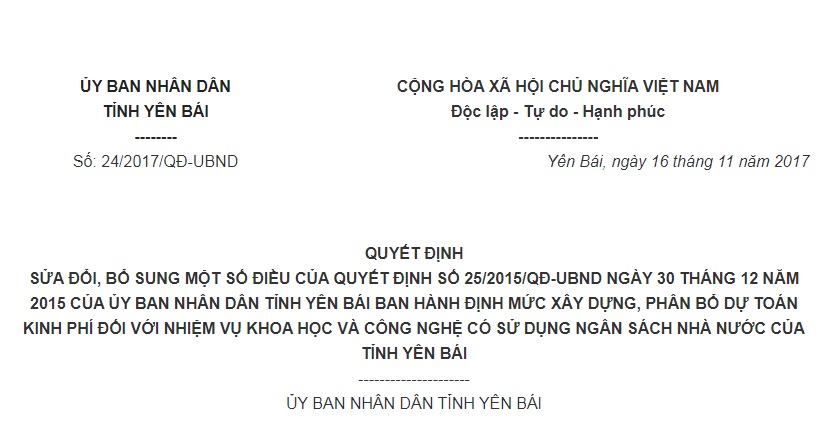 Quyết Định 24/2017/QĐ-UBND Yên Bái sửa Quyết định 25/2015 về kinh phí nhiệm vụ KHCN