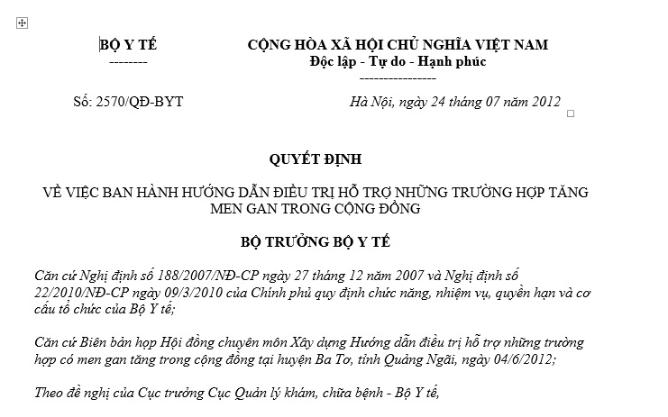 Quyết Định 2570/QĐ-BYT của Bộ Y tế về việc ban hành hướng dẫn điều trị hỗ trợ cho những trường hợp tăng men gan trong cộng đồng