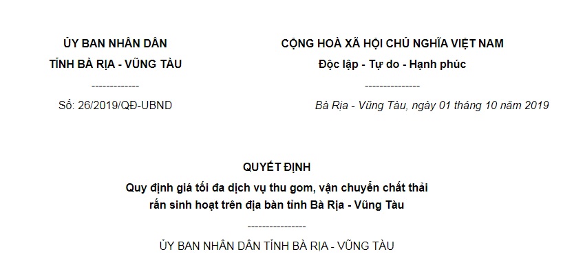 Quyết Định 26/2019/QĐ-UBND Bà Rịa – Vũng Tàu giá tối đa dịch vụ thu gom chất thải rắn sinh hoạt