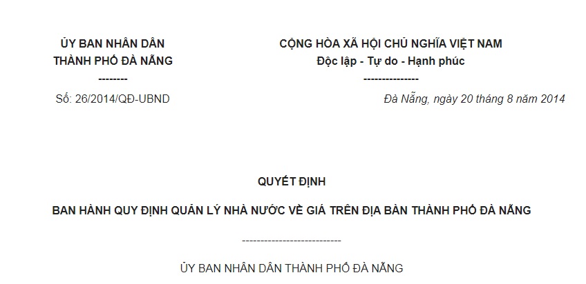Quyết Định 26/2014/QĐ-UBND Đà Nẵng Quy định quản lý Nhà nước về giá
