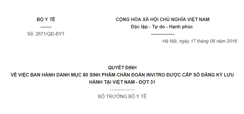 Quyết định 2671/QĐ-BYT 2016 về 80 sinh phẩm invitro được lưu hành tại Việt Nam