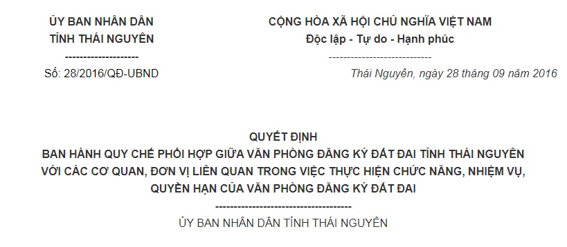 Quyết Định 28/2016/QĐ-UBND Thái Nguyên về phối hợp giữa Văn phòng đăng ký đất đai với đơn vị liên quan