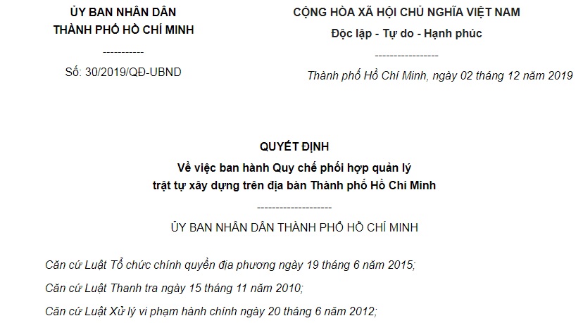 Quyết Định 30/2019/QĐ-UBND Hồ Chí Minh quy chế phối hợp quản lý trật tự xây dựng