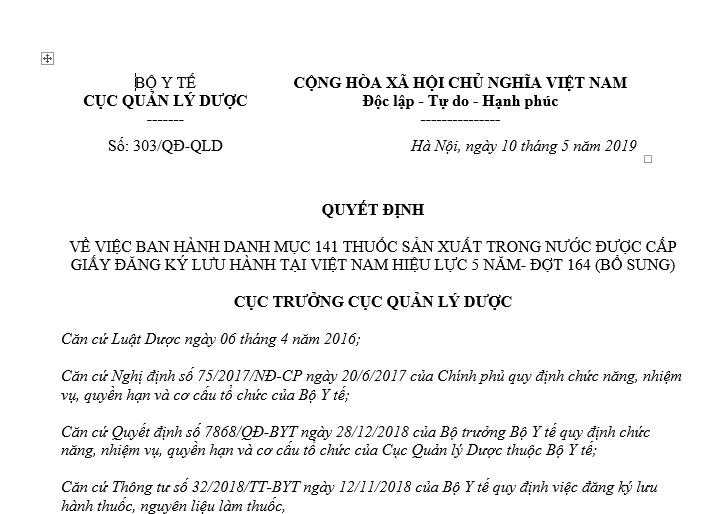 Quyết Định 303/QĐ-QLD về 141 thuốc sản xuất trong nước được cấp giấy đăng kí lưu hành tại Việt Nam