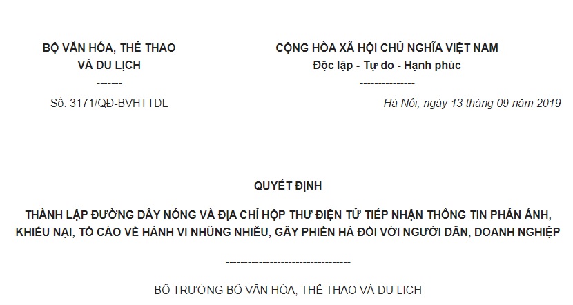 Quyết Định 3171/QÐ-BVHTTDL 2019 thành lập đường dây nóng tiếp thông tin nhũng nhiễu