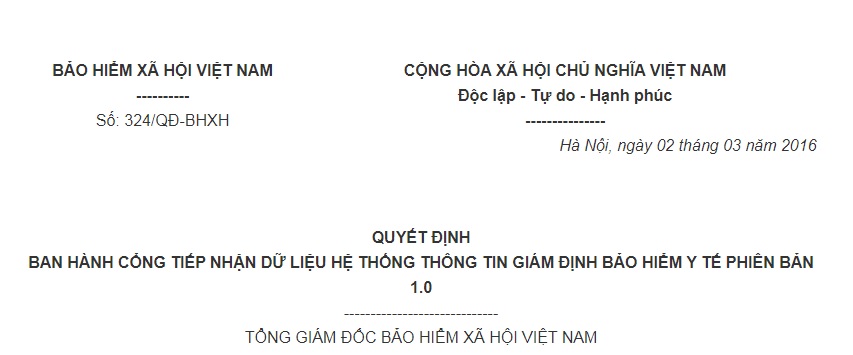 Quyết Định 324/QĐ-BHXH 2016 hệ thống thông tin Giám định BHYT phiên bản 1.0