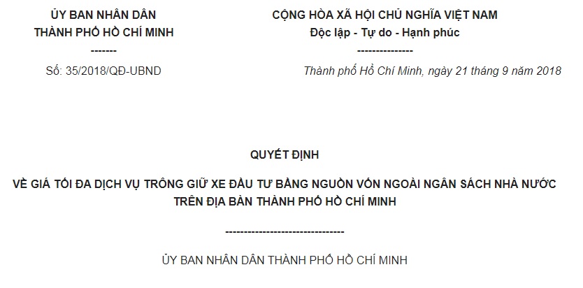 Quyết Định 35/2018/QĐ-UBND HCM giá tối đa dịch vụ trông giữ xe đầu tư bằng nguồn vốn ngoài NSNN