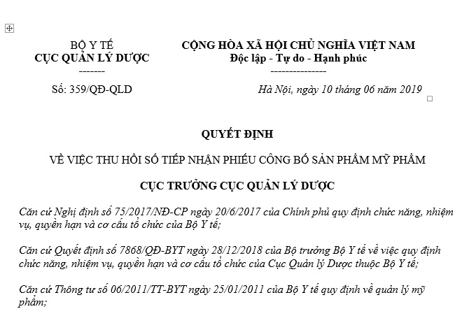 Quyết Định 359/QĐ-QLD 2019 thu hồi số tiếp nhận phiếu công bố sản phẩm mỹ phẩm