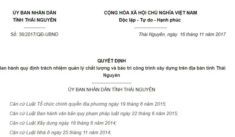 Quyết Định 36/2017/QĐ-UBND Thái Nguyên quy định trách nhiệm quản lý công trình xây dựng