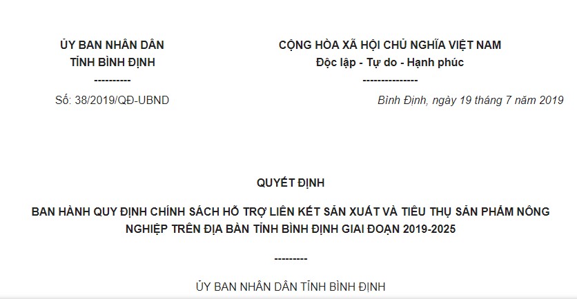 Quyết định 38/2019/QĐ-UBND Bình Định chính sách hỗ trợ liên kết sản xuất nông nghiệp
