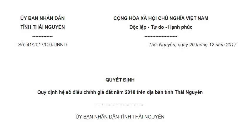 Quyết Định 41/2017/QĐ-UBND Thái Nguyên Quy định hệ số điều chỉnh giá đất 2018