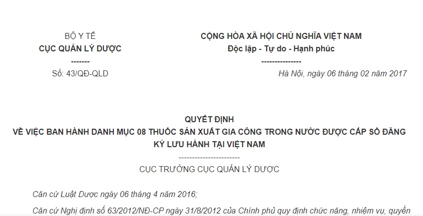 Quyết Định 43/QĐ-QLD 2017 8 thuốc sản xuất trong nước được cấp số đăng ký lưu hành