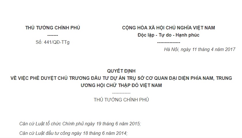Quyết Định 441/QĐ-TTg 2017 Dự án Trụ sở Đại diện phía Nam, Hội Chữ thập đỏ Việt Nam