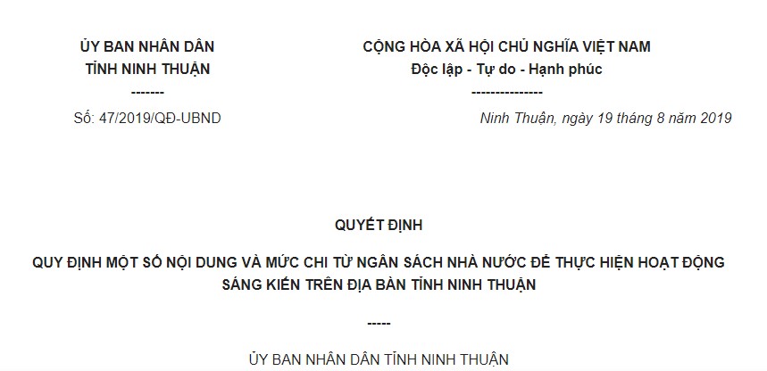 Quyết định 47/2019/QĐ-UBND Ninh Thuận về mức chi thực hiện hoạt động sáng kiến