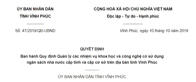 Quyết Định 47/2019/QĐ-UBND Vĩnh Phúc quản lý các nhiệm vụ khoa học sử dụng ngân sách