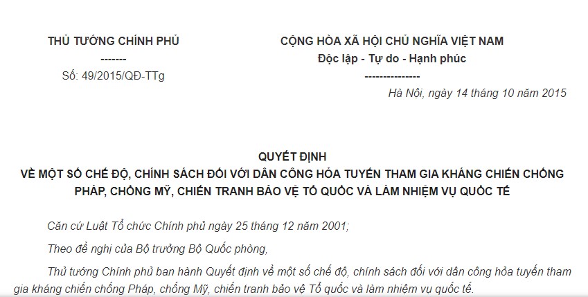 Quyết định 49/2015/QĐ-TTg của Thủ tướng Chính phủ về một số chế độ, chính sách đối với dân công hỏa tuyến tham gia kháng chiến chống Pháp, chống Mỹ, chiến tranh bảo vệ Tổ quốc và làm nhiệm vụ quốc tế