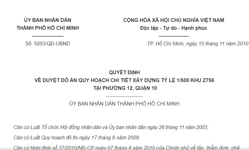 Quyết Định 5083/QĐ-UBND của UBND HCM về duyệt đồ án quy hoạch chi tiết xây dựng tỷ lệ 1/500 khu Z756