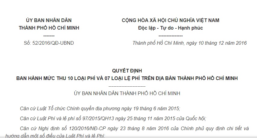 Quyết Định 52/2016/QĐ-UBND của UBND HCM về việc ban hành mức thu 10 loại phí và 07 loại lệ phí trên địa bàn