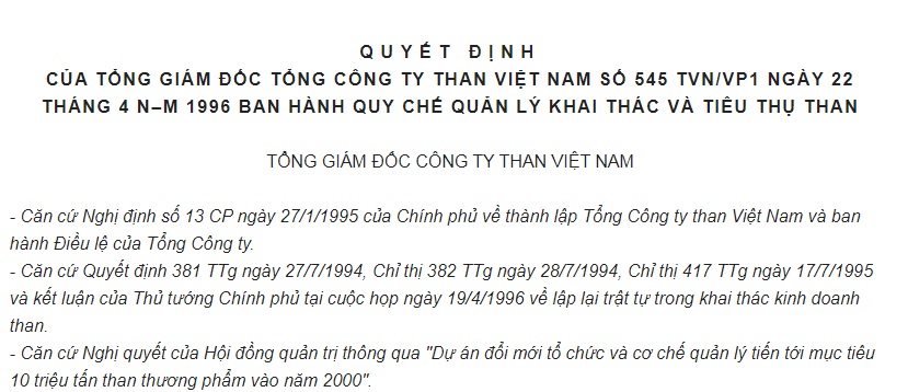 Quyết Định 545/TVN/VP1 của Tổng công ty Than Việt Nam về việc ban hành Quy chế quản lý khai thác và tiêu thụ than